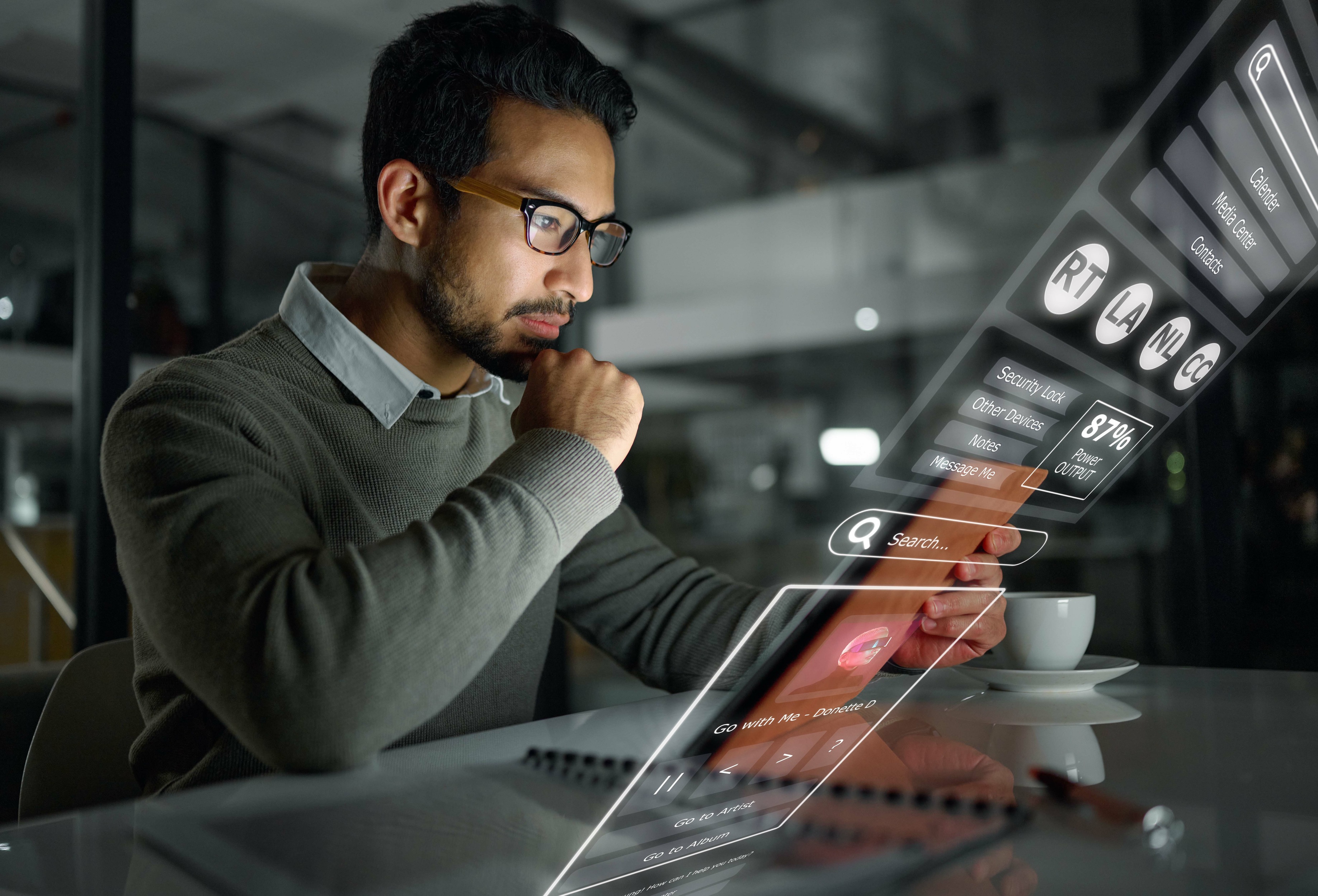Professional using a transparent digital interface