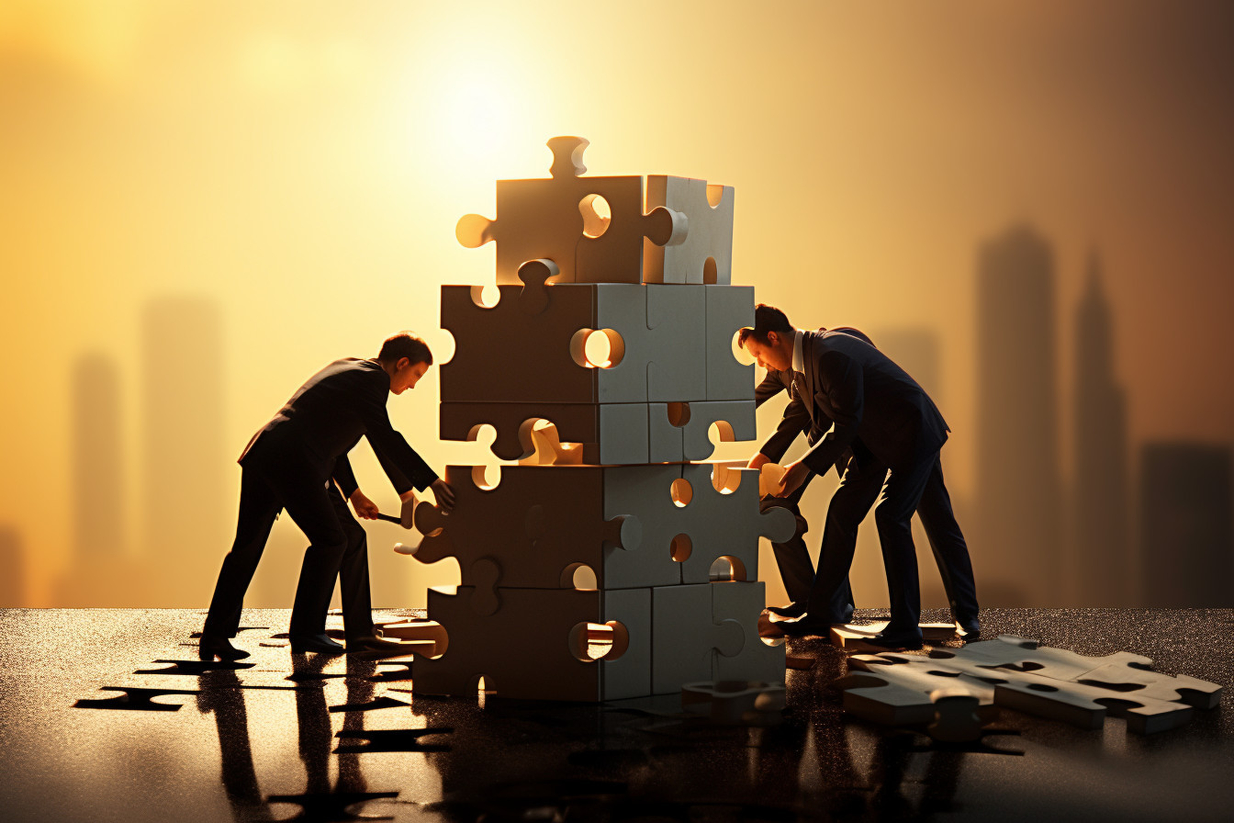 Team assembling puzzle blocks together