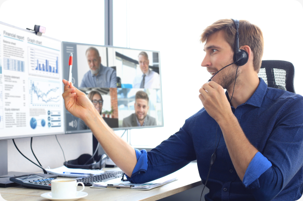 Virtual assistant in a headset reviewing a video meeting dashboard